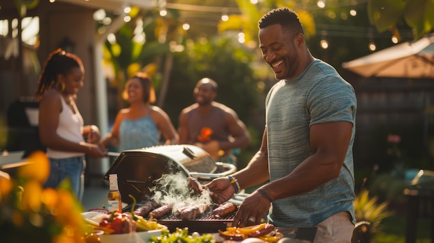 Happy man flipping sausages on grill at a cheerful backyard barbecue