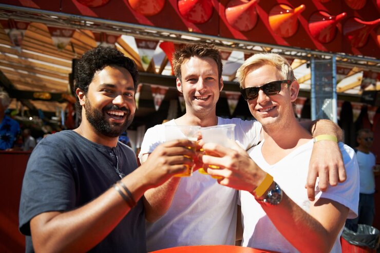 Photo happy man friends and cheers at music festival bar or event for summer party or dj concert portrait of male person or group smile with beer toast for friendship at carnival or outdoor cafe stand