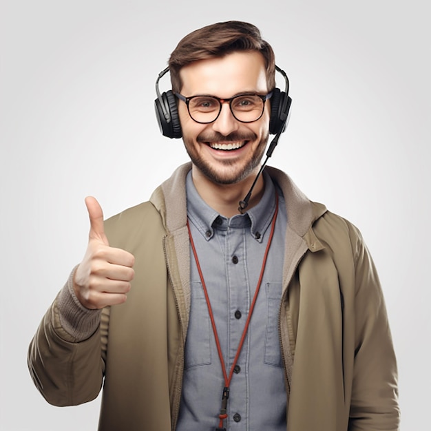 Photo happy man from a helpdesk in descent clothing with thumps up