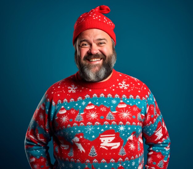 Photo happy man in a funny christmas sweater