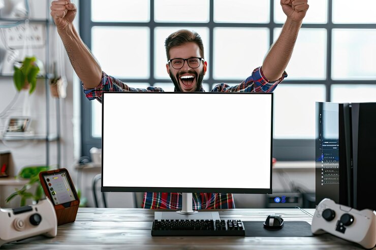 फोटो happy man gamer winning an online streaming contest