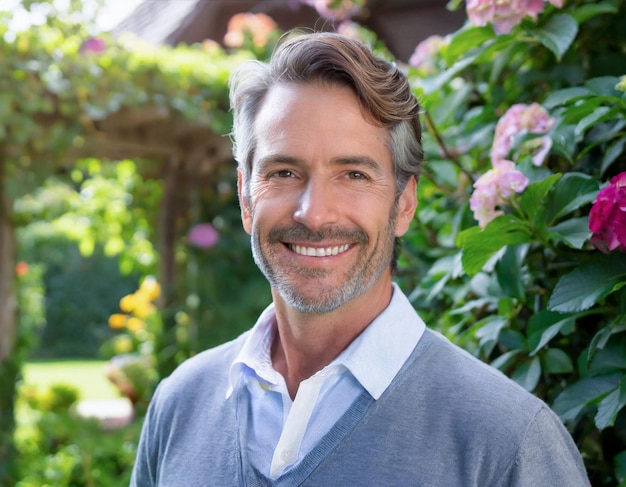 Happy man handsome smiling at camera on home garden sunny day