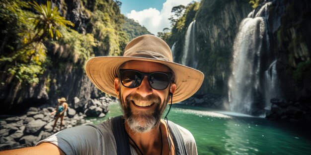 Happy man in a hat takes a selfie in nature travel theme generative ai