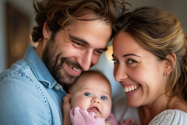 Happy man holding adorable baby near smiling wife