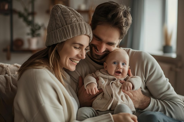 Foto uomo felice che tiene un bambino adorabile vicino a sua moglie sorridente