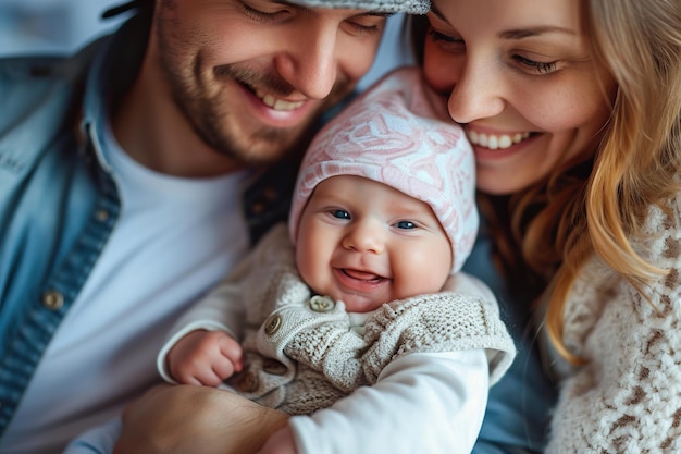 Foto uomo felice che tiene un bambino adorabile vicino a sua moglie sorridente
