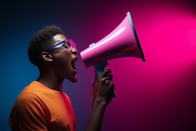 Happy man holding megaphone on bright color background in fashion style