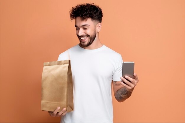 Happy Man holding Mobile App Advertisement