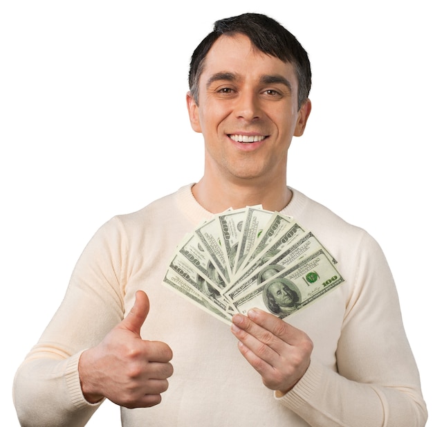 Happy Man Holding Money and Giving Thumb Up - Isolated