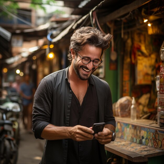 a happy man holding a phone generative ai