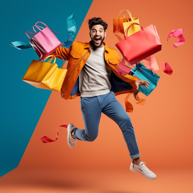 A happy man holding shopping bags and pestle background