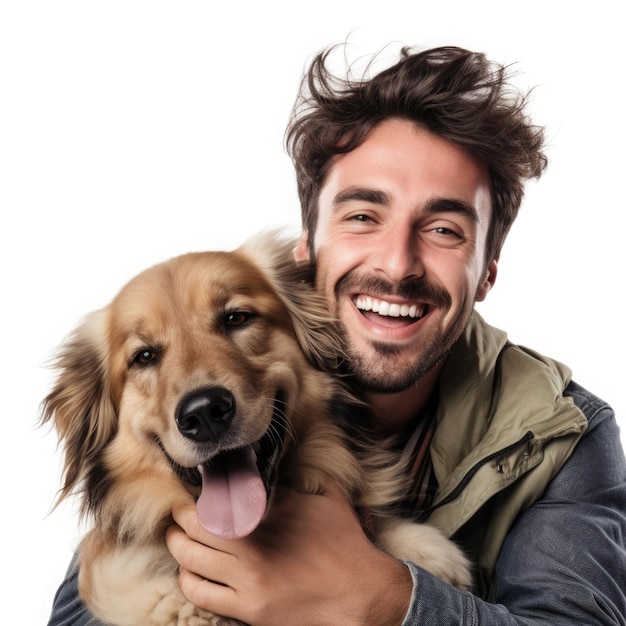 Happy man hugging his dog on white background Pet care Male owner has fun with dog positive emotions