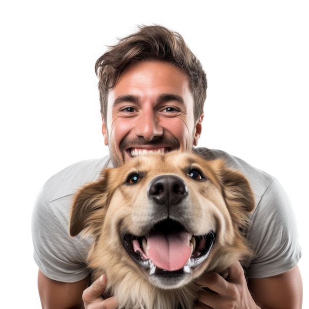 Happy man hugging his dog on white background Pet care Male owner has fun with dog positive emotions