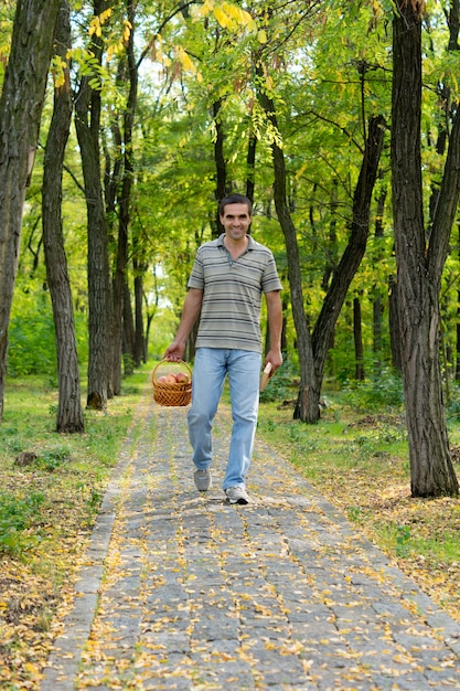 リンゴのバスケットを運んで舗装された森の小道を歩いてカジュアルな服を着た幸せな男
