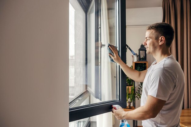 A happy man is cleaning window at his apartment