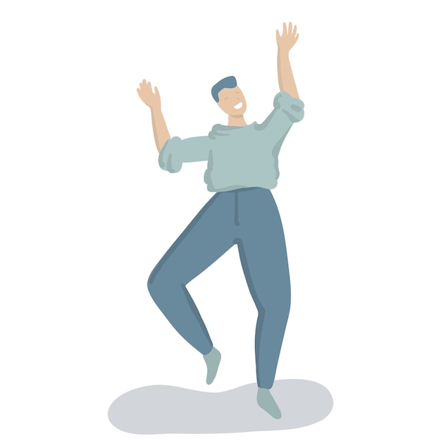 Photo happy man is dancing and jumping trendy flat vector character is laughing from joy young teenager in...