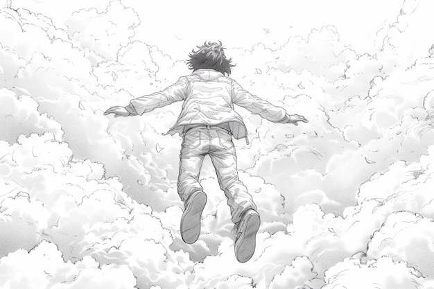 Photo the happy man is jumping higher in the clouds in a oneline drawing