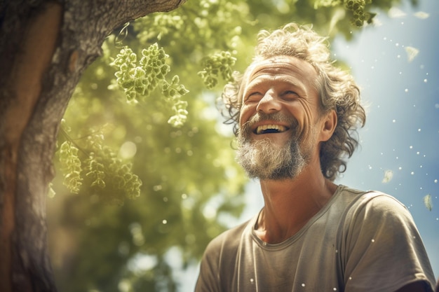 A happy man is thinning and trimming tree with Generative AI