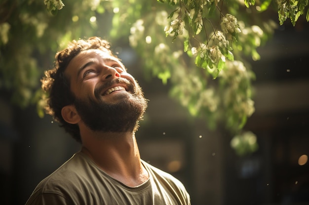 A happy man is thinning and trimming tree with Generative AI