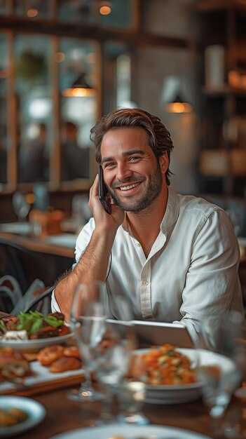 A happy man is using a tablet and making a phone call while in a restaurant for lunch