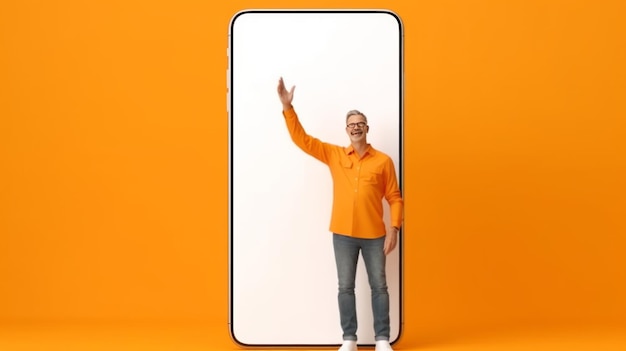 Happy man leaning and pointing at big huge empty smartphone screen standing