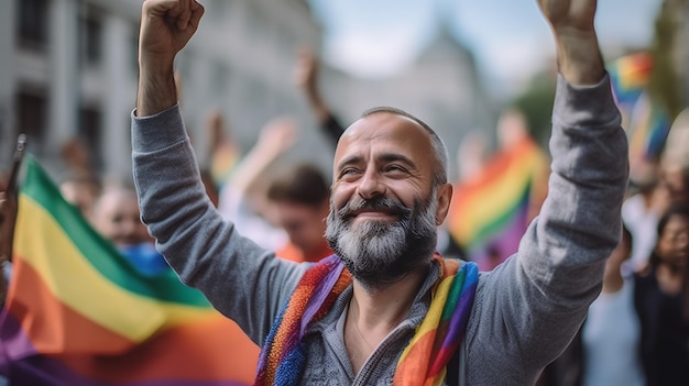 Happy man on the LGBT paradeCreated with Generative AI technology