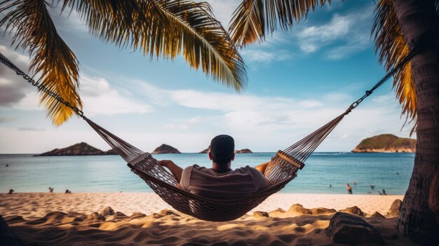 Foto un uomo felice giace in un'amaca sullo sfondo di palme e del mare durante una vacanza