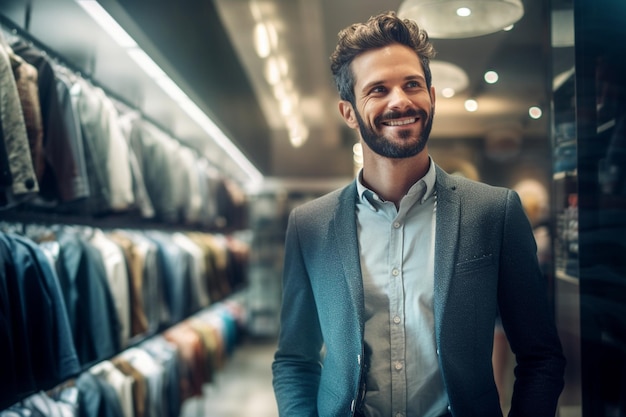 A happy man looking fashion and choosing them in a modern shopping store with Generative AI