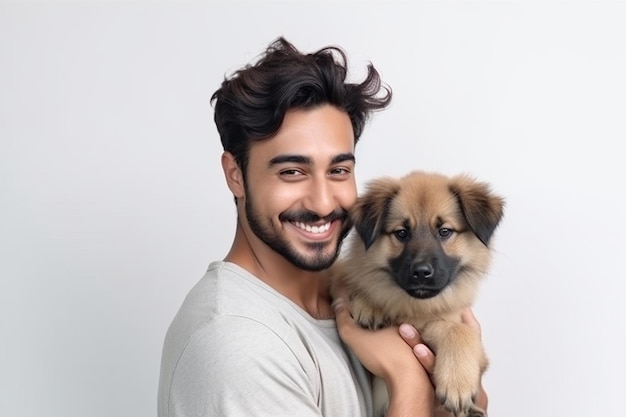 Happy man in love with dog holding puppy on shoulder and smiling standing over white background