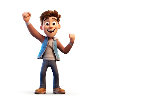 Happy man male person successful fist hand up 3d style cartoon character Winner victory celebration