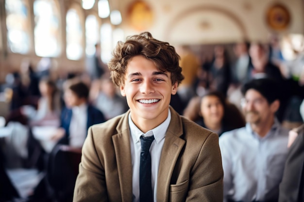 Happy Man op een onscherpe achtergrond in een college