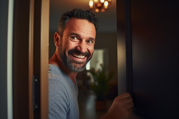 Счастливый мужчина утром открывает дверь, чтобы поприветствовать соседа