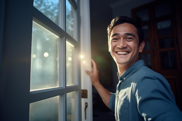 朝、幸せな男がドアを開けて隣人を迎える