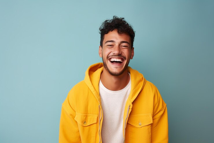Photo happy man person casual featured social image colored background