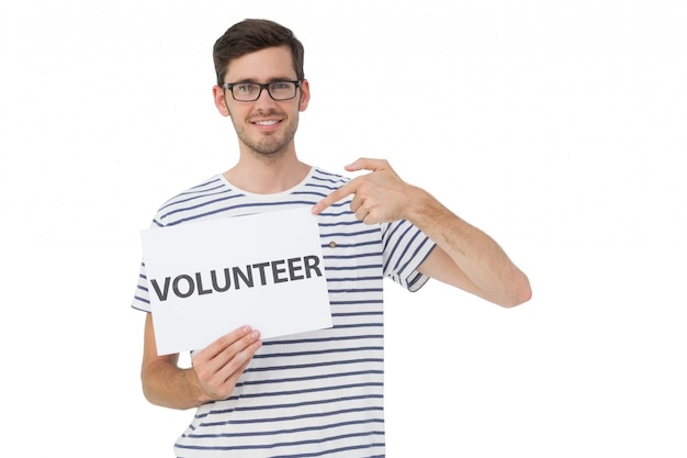 Happy man pointing at donation welcome note