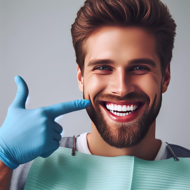 Photo happy man pointing fingers at white perfect smile straight whitened teeth