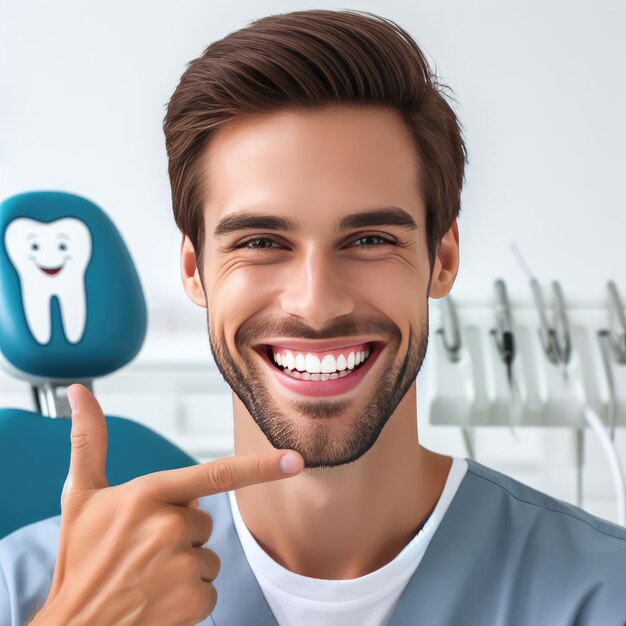 Photo happy man pointing fingers at white perfect smile straight whitened teeth
