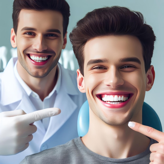 Photo happy man pointing fingers at white perfect smile straight whitened teeth