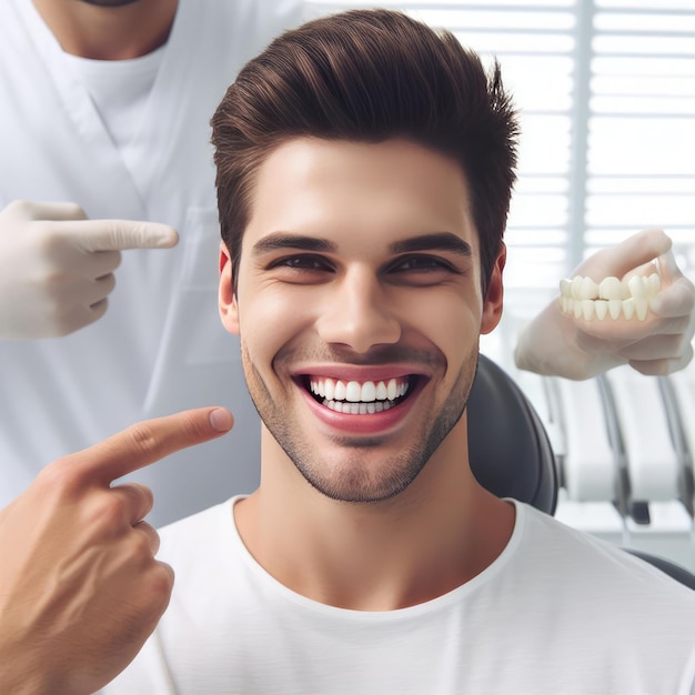 happy man pointing fingers at white perfect smile straight whitened teeth