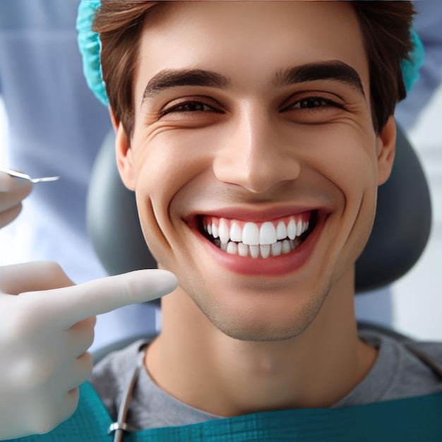 Photo happy man pointing fingers at white perfect smile straight whitened teeth