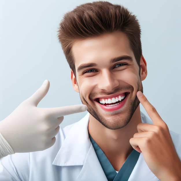 Photo happy man pointing fingers at white perfect smile straight whitened teeth