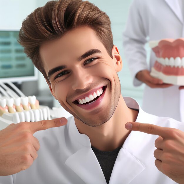 happy man pointing fingers at white perfect smile straight whitened teeth