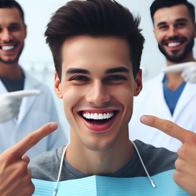 Photo happy man pointing fingers at white perfect smile straight whitened teeth