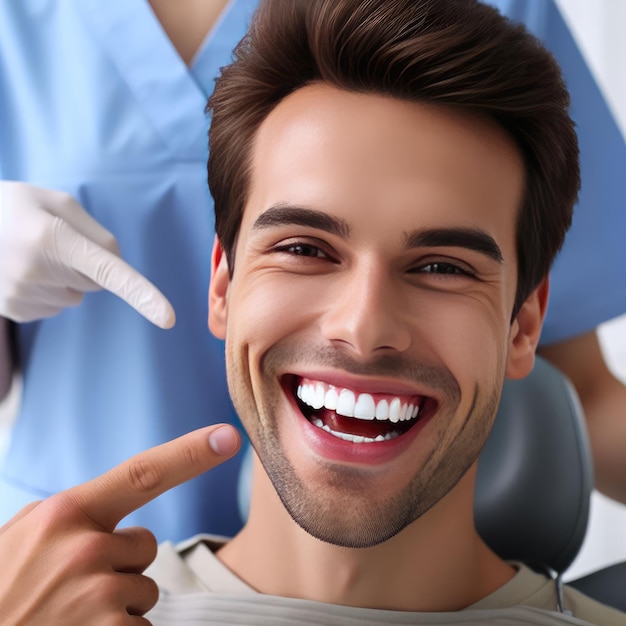 happy man pointing fingers at white perfect smile straight whitened teeth