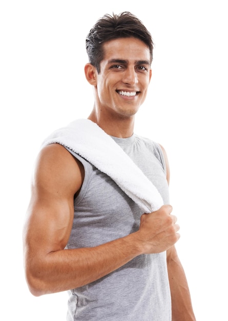 Happy man portrait and towel for sweat in workout exercise or fitness against a white studio background Face of handsome male person smile for sports training or cardio in weight loss on mockup