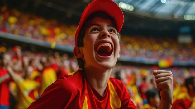 Happy man in red shirt with ecstatic gestures smiling and celebrating aig