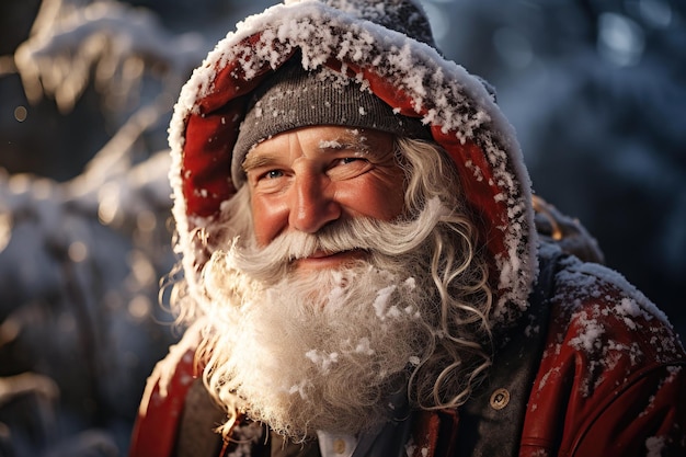 happy man in a red suit and Santa Claus hat in the winter in the forest Christmas and New Year greeting card