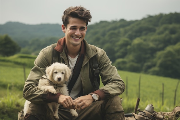 Photo happy man riding a bicycle with his loyal dog embracing the joy of traveling with beloved pets