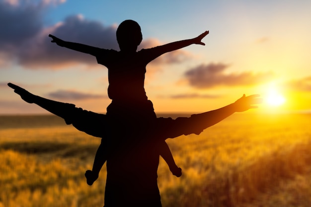 Happy man rise hand on morning view. Christian inspire praise God on good friday background.