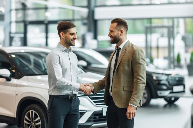 Happy man shaking hands with salesperson after buying new car in showroom